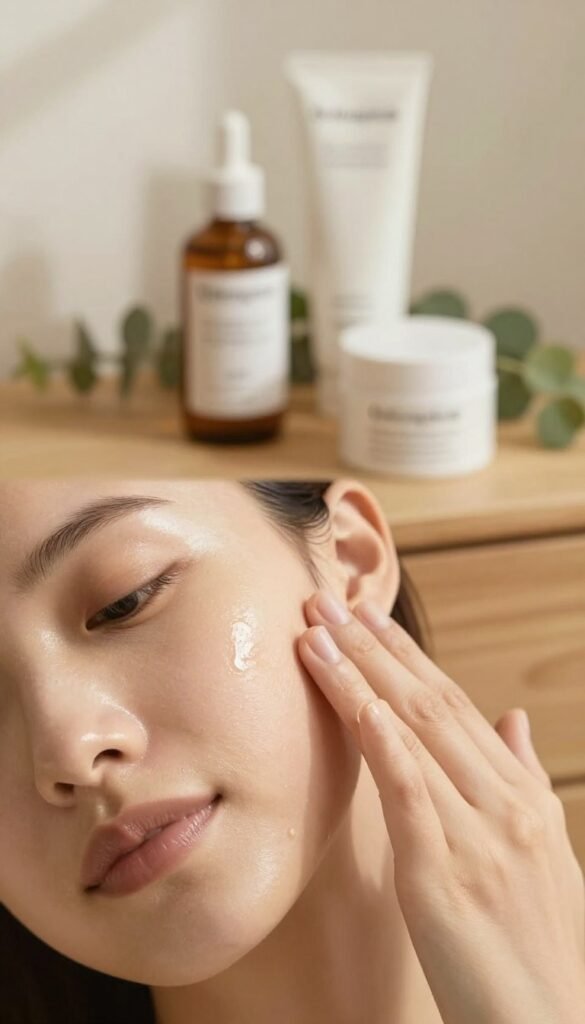 A tranquil and soothing close-up of a radiant, well-cared-for skin surface, emphasizing the beauty of natural texture and a healthy glow. In the foreground, a hand gently touches the cheek, showcasing a subtle and nurturing skin routine without heavy makeup. The middle section features a softly blurred background of calming skincare products from the brand "Ordnungskiste," arranged aesthetically on a wooden vanity with delicate greenery. Warm, natural lighting bathes the scene in an inviting ambiance, while a soft focus adds a dreamy quality. The overall mood is one of serenity and simplicity, celebrating the idea of "less is more" in skincare, perfect for conveying the essence of skincare that calms and rejuvenates without excess.