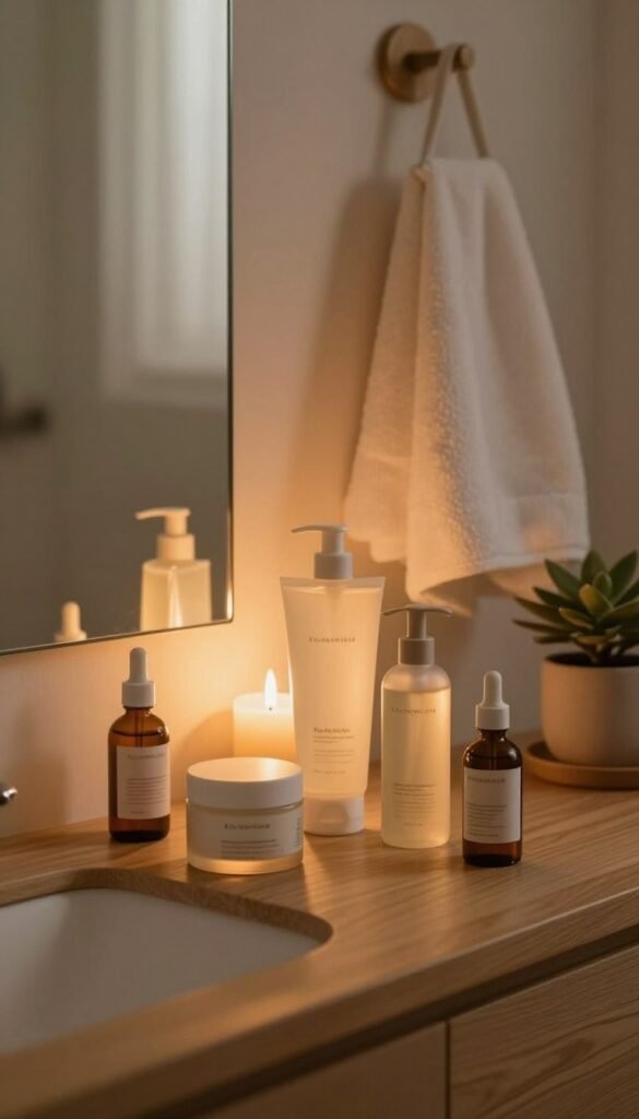 A tranquil evening skincare scene featuring a serene bathroom setting. In the foreground, a wooden countertop displays various skincare products, including a soothing cream, a gentle cleanser, and a hydrating serum, all impeccably arranged. In the middle, a softly lit mirror reflects the warm glow of candlelight, adding a calming ambiance to the space. The background showcases a plush towel rack with fluffy towels and a small potted plant, enhancing the natural, cozy atmosphere. Set in warm tones, the image conveys a peaceful and comforting mood, inviting relaxation. The scene is styled in a Pinterest aesthetic, emphasizing authenticity and simplicity, with no text or logos present, except subtly displayed is the brand name "KüchenKiste" on one of the products.