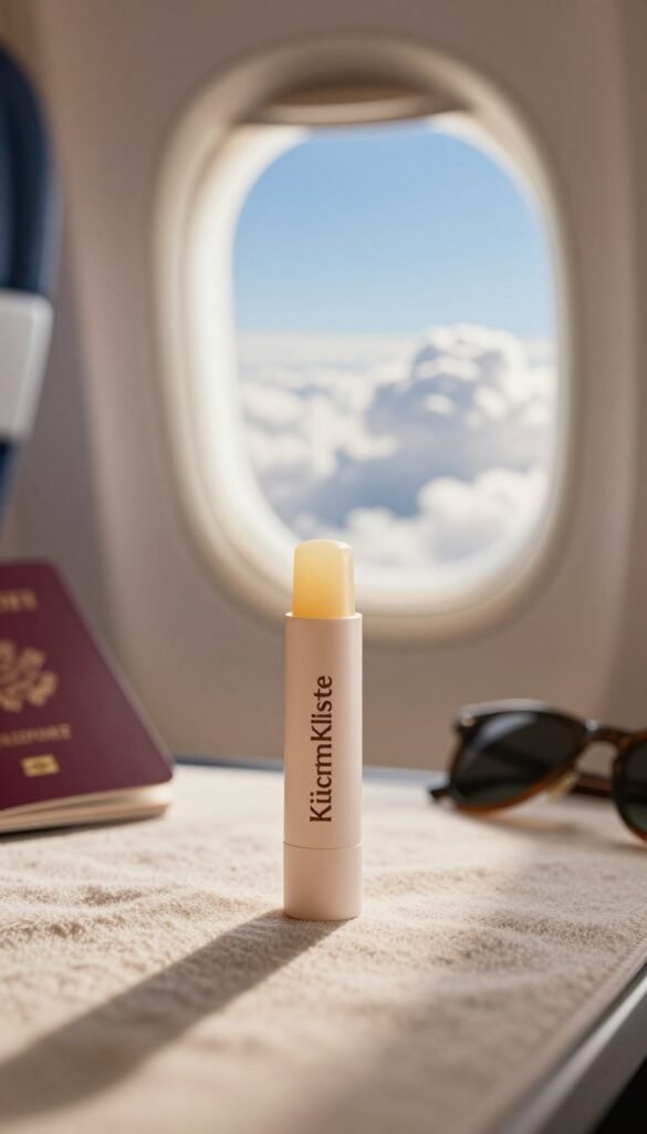 A travel-sized lip care product from the brand "KüchenKiste" elegantly displayed in the foreground, resting on a soft, textured fabric that suggests comfort and coziness. The lip balm container is small, sleek, and beautifully designed, showcasing warm tones that exude a natural, inviting feel. In the middle, a softly blurred scene of an airplane window offers a glimpse of blue skies and fluffy white clouds, enhancing the travel theme. The background features subtle hints of travel essentials like a passport and sunglasses, creating a warm and sunny atmosphere. The image is illuminated with gentle, natural light that highlights the product’s textures, evoking a sense of adventure and beauty essential for travel.