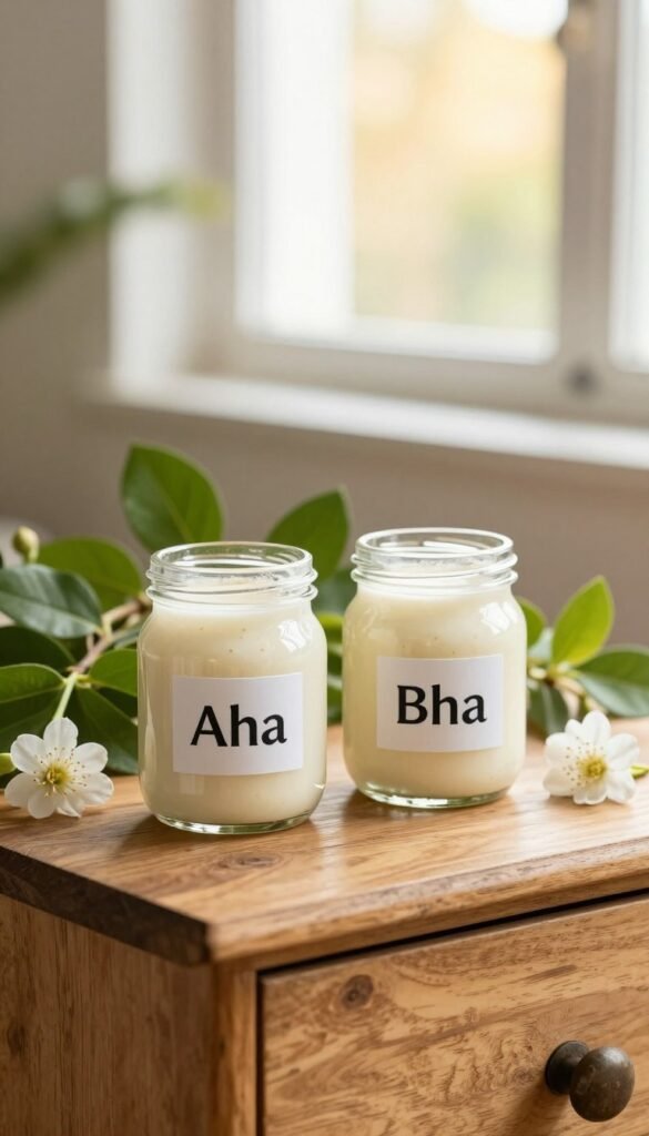 A vibrant, aesthetically pleasing image of two small glass jars labeled "Aha" and "Bha" standing confidently on a rustic wooden vanity. The jars are filled with creamy, textured liquids, surrounded by fresh green leaves and delicate white flowers for a natural touch. In the background, softly blurred, is a sunlit window, casting warm and inviting light that enhances the warm tones of the scene. The overall mood is calming and serene, inviting viewers into a world of skincare hydration and rejuvenation. The composition is captured with a shallow depth of field, ensuring the focus is on the jars while the background accents their natural beauty. The scene reflects the philosophy of KüchenKiste, embodying authenticity and a Pinterest-worthy aesthetic without any text overlays or distractions.