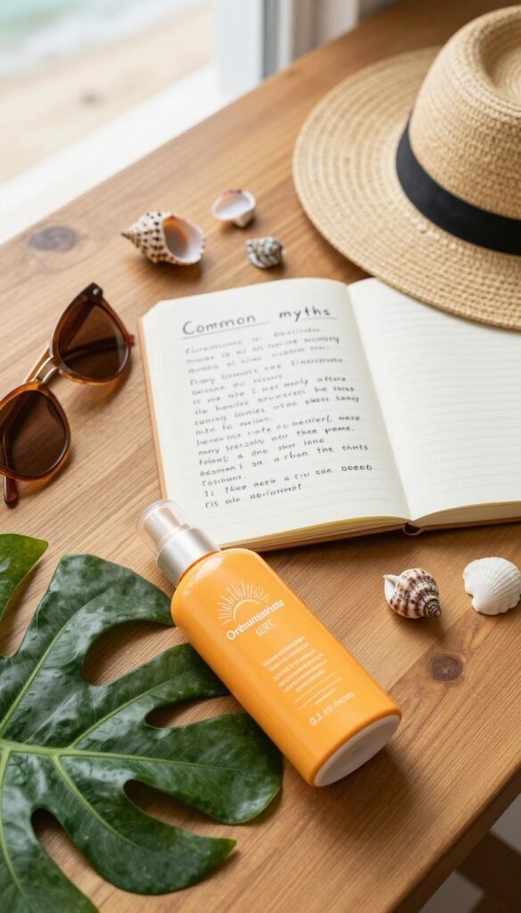 A vibrant flat lay of various sun protection products arranged aesthetically on a wooden table. In the foreground, a stylish sunscreen bottle with the brand name "Ordnungskiste," accompanied by a lush green plant and a pair of sunglasses. The middle section features an open notebook with handwritten notes on common myths about sunscreen, surrounded by small decorative elements like seashells and a sun hat. The background includes soft, natural lighting that creates a warm, inviting atmosphere, with blurred out beach scenery peeking through a window. Capture a Pinterest-worthy look, emphasizing a sense of authenticity and care for skin health, while ensuring no text or branding elements are present except for the specified product.