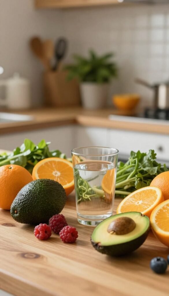 A vibrant kitchen scene featuring fresh fruits and vegetables, emphasizing the concept of nutritional skincare for healthy skin. In the foreground, a beautifully arranged wooden table displays colorful produce, including oranges, avocados, berries, and leafy greens, with a clear glass of water illustrating hydration. In the middle, a soft-focus background shows kitchen elements like herbs and utensils, bathed in warm, natural lighting to create an inviting atmosphere. The composition showcases a Pinterest-inspired aesthetic, feel authentic and organic, reflecting holistic health principles. The ambiance should be warm and welcoming, with a hint of brightness that symbolizes vitality. The brand "KüchenKiste" subtly integrated into the composition without text, maintaining the focus on the visual message.
