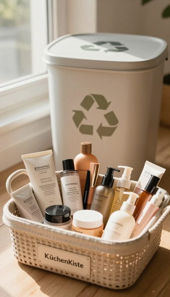 A vibrant, warm-toned image capturing various beauty products ready for disposal. In the foreground, an aesthetically arranged collection of beauty items—unopened skincare products, partially used makeup containers, and bottles of lotions—spills gently out of a stylish, organized basket labeled "KüchenKiste." In the middle ground, a sleek, recycled waste bin stands alongside, representing eco-friendly disposal. The background features soft, natural lighting pouring in through a window, casting gentle shadows and highlighting the textures of the products. The overall atmosphere conveys a sense of renewal and conscious consumption, evoking a Pinterest-worthy aesthetic that feels authentic and inviting.