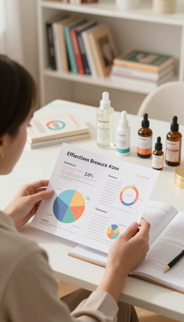 A visual representation of effective beauty product studies, focusing on the analysis of effectiveness and advertising claims. In the foreground, a professional-looking individual (dressed in smart casual attire) is reviewing a colorful infographic featuring pie charts, percentages, and scientific illustrations, highlighting research results. In the middle ground, a clean, modern desk is filled with beauty product samples and open study documents, bathed in warm, inviting natural light. The background depicts a soft-focus bookshelf holding various beauty books and research publications, adding depth. The atmosphere is analytical yet approachable, reflecting an authentic Pinterest aesthetic. The brand name "KüchenKiste" is subtly integrated into the scene, emphasizing a connection to trustworthy beauty insights.