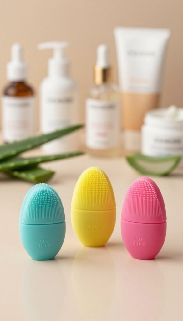 A visually appealing and authentic comparison of silicone facial cleansing brushes by KüchenKiste. The foreground features three distinct silicone face brushes in vibrant colors, showcasing their unique shapes and textures, placed on a soft, reflective surface. The middle ground includes a blurred array of skincare products and natural elements like aloe vera and green leaves to emphasize an organic feel. The background should be softly out of focus, incorporating warm, inviting tones with gentle, diffused lighting to enhance the cozy ambiance. Use a slightly elevated angle to capture the brushes clearly, without any text or branding on the products themselves. The overall mood is serene and professional, tailored for a skincare-focused audience.