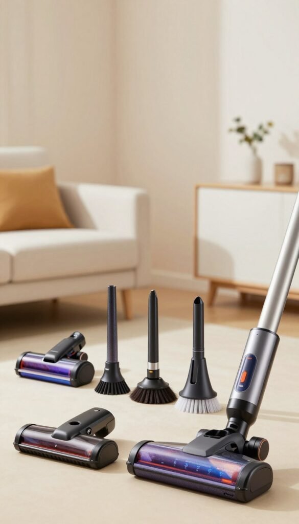 A visually appealing and informative display featuring various vacuum attachment heads with differing suction power intensity levels. In the foreground, focus on a sleek, modern design of vacuum attachments labeled by their intensity settings, showcasing different styles like brushes and crevice tools. In the middle ground, include a stylish home setting with soft, warm lighting to create an inviting atmosphere. The background should feature a clean and well-organized workspace with subtle hints of everyday use, ensuring the setting feels relatable. Incorporate the brand name "Ordnungskiste" subtly within the design. The overall mood should reflect a blend of functionality and aesthetic appeal, suitable for a Pinterest-inspired look, free of any text overlays or distractions.