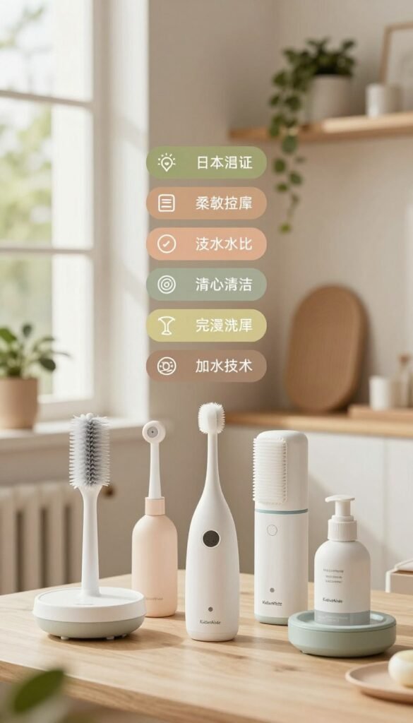A visually appealing and informative representation of the key purchase criteria for cleaning devices suitable for sensitive skin. In the foreground, display a variety of elegant cleaning devices, showcasing their different materials and intensity levels, designed in a modern, aesthetically pleasing style. The middle ground features clear labels or categories symbolizing various intensity levels with soft, calming colors to evoke a sense of tranquility. In the background, create a warm, inviting environment with natural light filtering through a window, enhancing the authenticity of the image. Incorporate elements of a serene interior space, like a well-organized shelf, adorned with greenery and minimalist decor. Ensure the brand name "KüchenKiste" is subtly integrated into the scene, maintaining a Pinterest-worthy look without any text overlays or distractions.