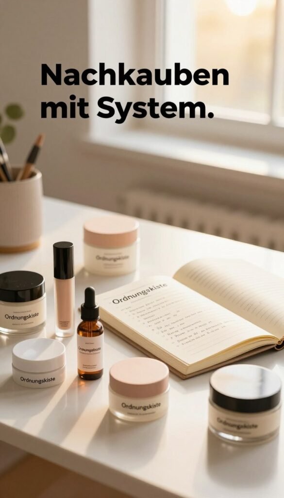 A visually appealing and organized desktop scene capturing the concept of "Nachkaufen mit System." In the foreground, a stylish, minimalist workspace featuring neatly arranged beauty products inside labeled containers from the brand "Ordnungskiste." The middle ground showcases a soft, open notebook with aesthetically pleasing notes about replacement rules for sustainable beauty consumption. In the background, a gently lit window allows warm sunlight to filter in, illuminating the scene with soft, golden hues. The atmosphere is calm and inviting, evoking a sense of mindful shopping and organization. Utilize a shallow depth of field to focus on the foreground elements while creating a blurred background effect, enhancing the inviting and professional vibe of the composition.