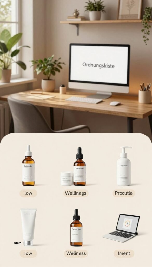 A visually appealing and organized display of various product types representing different budget categories: low, mid, and high. The foreground features neatly arranged product examples such as skincare, wellness items, and productivity tools, labeled subtly with small tags showing their budget tier. In the middle ground, a stylish workstation is depicted, complete with warm, inviting lighting that creates a cozy atmosphere, hinting at a morning routine. The background showcases a serene setting with house plants and soft natural light filtering through a window. The entire scene should have a modern, Pinterest-inspired aesthetic with earthy tones. Include the brand name "Ordnungskiste" subtly integrated into the design, ensuring a professional feel. No text, captions, or watermarks present.