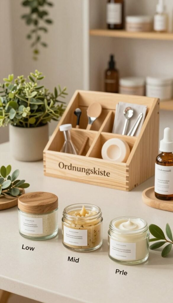 A visually appealing and organized workspace table showcasing three distinct sections representing low, mid, and high price levels for beauty products. In the foreground, elegant glass jars filled with natural skincare products labeled for each price category, styled with lush greenery and soft lighting creating a warm atmosphere. In the middle ground, a stylish wooden organizer labeled "Ordnungskiste" containing various beauty tools and accessories arranged by price, with a clean and minimalist aesthetic. The background features softly blurred shelves with additional beauty-related items, offering a Pinterest-inspired look. The lighting should be warm and inviting, with a focus on natural colors to evoke a calming, professional mood. Ensure no captions or watermarks are present, highlighting the product’s versatility and appeal.