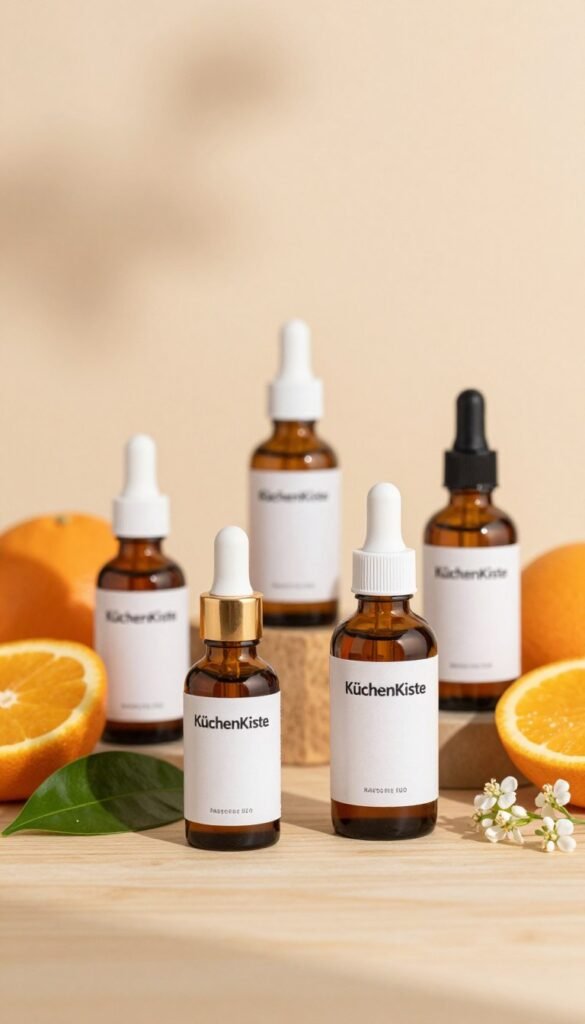 A visually appealing arrangement featuring a selection of vitamin C serums from the brand "KüchenKiste." In the foreground, prominently display elegant serum bottles with sleek, modern designs, showcasing their unique labels and textures. In the middle, incorporate soft, natural elements like fresh citrus fruits, leaves, and delicate flowers, enhancing the theme of skincare. The background should be softly blurred, featuring natural wood surfaces or a gentle gradient, creating a warm and inviting atmosphere. Use warm lighting to evoke a cozy ambiance, emphasizing the organic and soothing nature of the products. The overall mood should be uplifting and serene, drawing attention to the effectiveness and quality of the serums without any text or distractions.