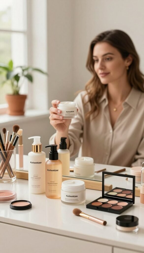 A visually appealing arrangement of beauty products displayed in a stylish setting that reflects different price ranges: low, mid, and high. In the foreground, a sleek, organized vanity table showcases a variety of beauty items from the brand "KüchenKiste," including skincare bottles, makeup palettes, and tools, all harmonizing in warm tones. The middle ground features a gently blurred hand selecting a luxurious cream, representing the high-end category, while a casual, well-dressed individual looks on, embodying a professional yet approachable vibe. In the background, soft natural light flows through a window, enhancing the authentic atmosphere, with potted plants adding a touch of freshness, creating a Pinterest-worthy aesthetic. The overall mood is inviting, elegant, and aspirational, without any text or distractions.