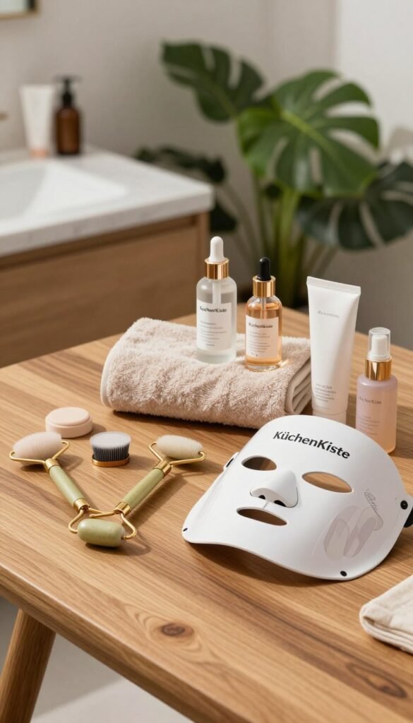 A visually appealing arrangement of beauty tools and devices on a stylish wooden table. In the foreground, there are various beauty tools such as facial rollers, LED masks, and skincare gadgets, all branded with the name "KüchenKiste." In the middle, place a soft, fluffy towel and a few elegant skincare products in beautiful glass bottles. The background features a softly lit bathroom setting with marble countertops and lush greenery. The atmosphere is warm and inviting, utilizing natural light to create a serene ambiance. The overall composition reflects a Pinterest-inspired aesthetic, capturing the essence of thoughtful beauty choices tailored for different skin types, purposes, and budgets. The focus is on authenticity and warmth, with no text or overlays in the image.