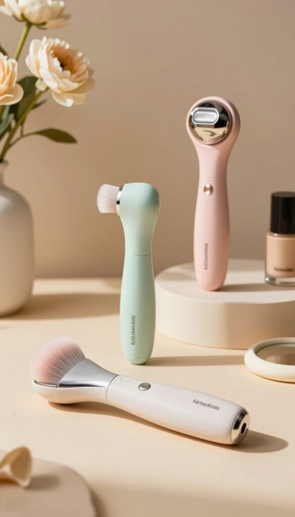 A visually appealing arrangement of beauty tools categorized by price classes: low, mid, and high. In the foreground, showcase a sleek, affordable beauty tool set with soft pastel colors, reflecting a budget-friendly option. In the middle, display a well-crafted mid-tier beauty tool, highlighting quality and design, surrounded by warm natural lighting. In the background, a luxurious high-end beauty tool stands out with elegant packaging, emphasizing premium features. The setting is subtly styled like a Pinterest inspiration board, with a cozy, inviting atmosphere created by warm colors. Include elegant elements like fresh flowers and minimalist decor. Ensure the brand name "KüchenKiste" is subtly integrated into the scene, enhancing the aesthetic without distracting from the main focus.