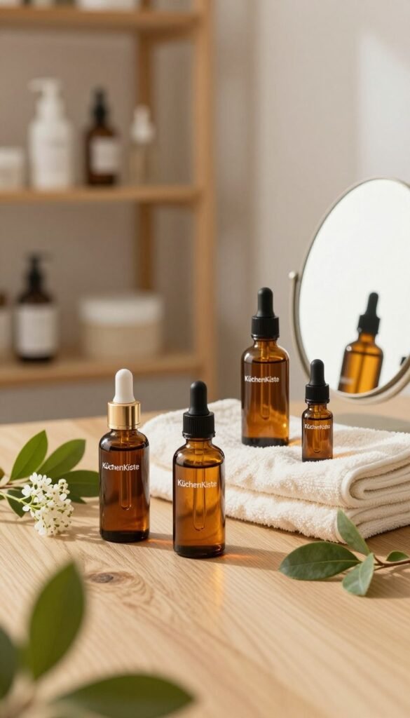 A visually appealing arrangement of high-quality natural retinol skincare products displayed on a softly textured wooden table. In the foreground, several elegant glass bottles with dropper tops, each filled with rich, amber-hued serums, represent "KüchenKiste". The bottles are surrounded by fresh green leaves and delicate flowers, enhancing the organic feel. In the middle, a neatly folded soft cotton towel and a small mirror reflect the warm, inviting light that bathes the scene, creating a serene and luxurious atmosphere. In the background, blurred shelves filled with minimalist beauty essentials add depth, ensuring focus remains on the featured products. The overall mood is calming and professional, capturing the essence of effective skincare formulations.