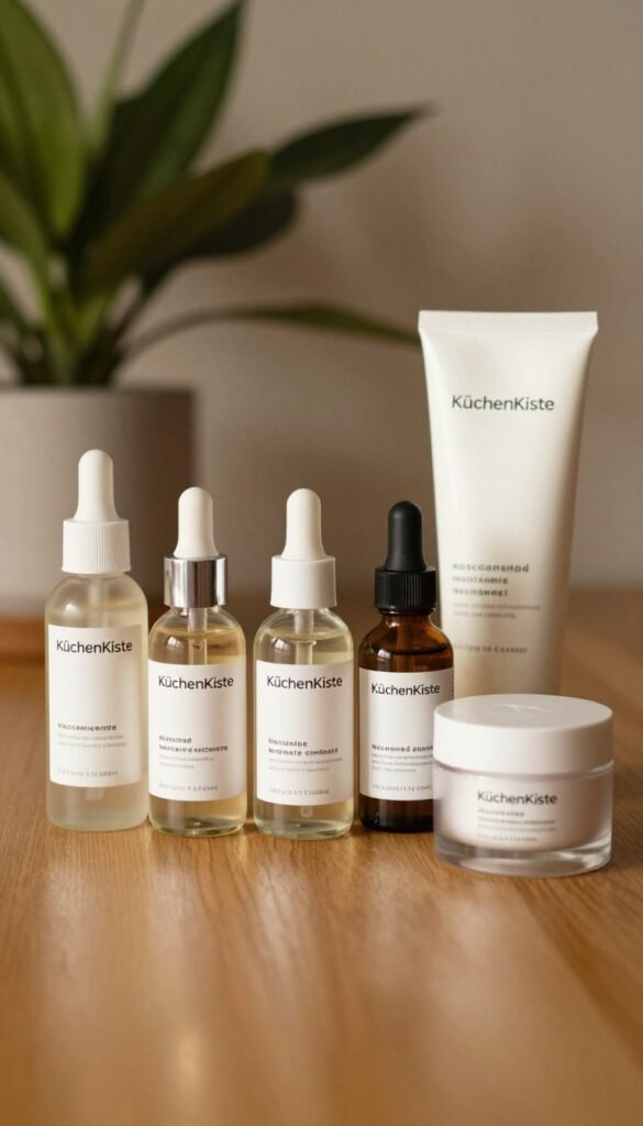 A visually appealing arrangement of skincare products featuring niacinamide, including serums, creams, and lotions in elegant glass bottles and tubes. Place them on a simple, natural wooden surface with some fresh green plants in the background. Soft, warm lighting enhances the aesthetics, creating a cozy and inviting atmosphere, reminiscent of popular Pinterest aesthetics. Introduce subtle reflections on the shiny surfaces of the products to add depth. Use a shallow depth of field to focus on the products while the background remains slightly blurred, giving a sense of intimacy. Make sure the brand "KüchenKiste" is integrated into the design of the product packaging, showing it clearly. The overall mood should convey freshness, health, and rejuvenation, appealing to individuals considering essential skincare solutions.