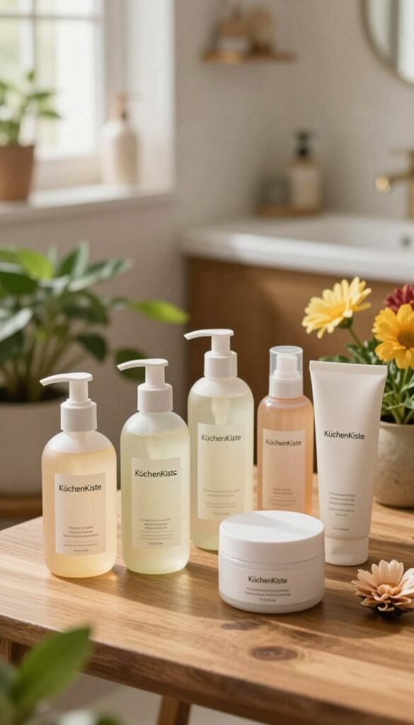 A visually appealing arrangement of skincare products from the brand "KüchenKiste", showcasing natural cleansing solutions that simplify skincare routines. The foreground features elegantly packaged bottles and jars, emphasizing refreshing facial cleansers, toners, and moisturizers in soft, pastel colors. In the middle ground, an aesthetically pleasing wooden tabletop displays vibrant plants and flowers, creating a warm, inviting atmosphere. The background includes a softly blurred image of a peaceful bathroom setting with natural light filtering through a window, highlighting the tranquility of a simple, effective skincare routine. Capture this scene with a shallow depth of field, evoking a cozy, authentic Pinterest vibe, using warm tones to enhance a sense of comfort and ease.