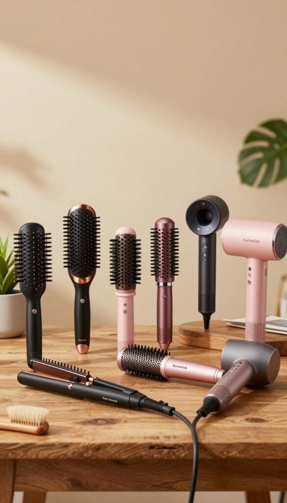 A visually appealing arrangement of ten stylish hair styling tools featuring built-in heat protection, set against a soft, warm-toned background that evokes a cozy, inviting atmosphere. In the foreground, showcase a diverse selection of tools such as flat irons, curling wands, and blow dryers, all elegantly arranged on a rustic wooden table. In the middle, add subtle details like natural elements, such as potted plants or brushes, enhancing the Pinterest aesthetic. The background should be softly blurred to keep the focus on the tools while maintaining a professional, polished look. Use soft, diffused lighting to highlight the products, ensuring they appear inviting and high-quality. The brand name "KüchenKiste" is subtly integrated into the setting as part of the product displays, enhancing the overall authentic feel.