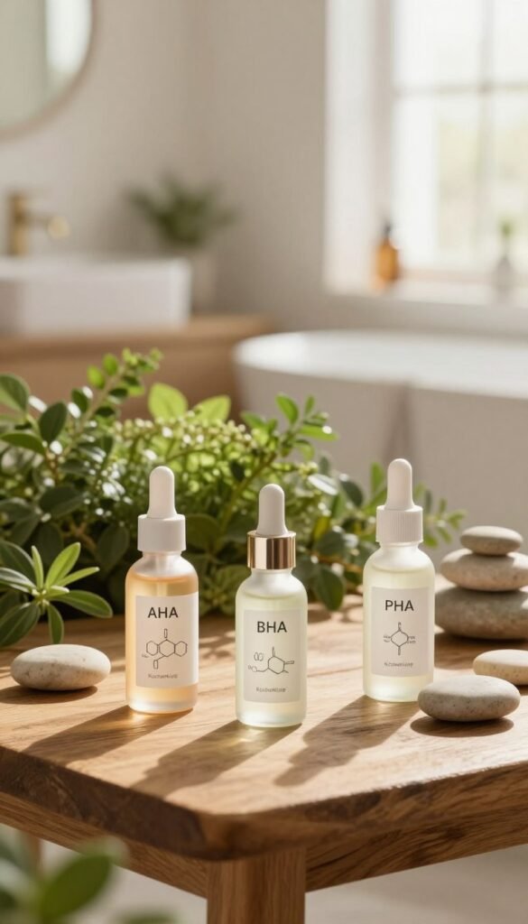 A visually appealing arrangement showcasing AHA, BHA, and PHA skincare products on a rustic wooden table. In the foreground, place elegant glass bottles of these acids, labeled subtly with their chemical structures. The middle section features lush green plants and soft, smooth stones to evoke a natural, soothing vibe. In the background, a softly blurred bathroom setting with warm, inviting lighting creates an atmosphere of calm and relaxation. Incorporate gentle sunlight streaming through a window, casting a warm glow over the scene. The overall mood is serene and informative, reflecting the effectiveness and benefits of these skincare acids. The brand name "KüchenKiste" subtly integrated into the scene through a decorative element, ensuring authenticity without any text overlays or watermarks.