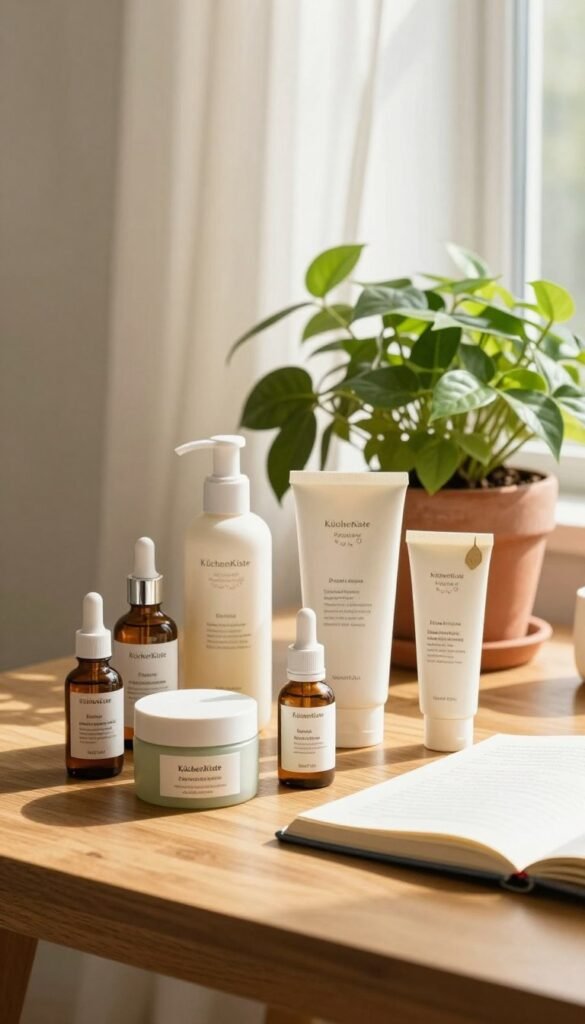 A visually appealing arrangement showcasing the key criteria for effective skincare products. In the foreground, a sleek wooden table displays an assortment of skincare products including serums, moisturizers, and sunscreen, all elegantly labeled with subtle, decorative tags. In the middle ground, a lush green plant and a soft terracotta pot enhance the natural vibe, alongside an open notebook with notes on ingredient features. The background features a softly lit window with sheer curtains, allowing warm, natural light to illuminate the scene. The entire composition has a Pinterest-worthy aesthetic with warm colors, evoking a calm and serene atmosphere. The branded label "KüchenKiste" subtly incorporated on one product container complements the overall setup without detracting from the visual focus.