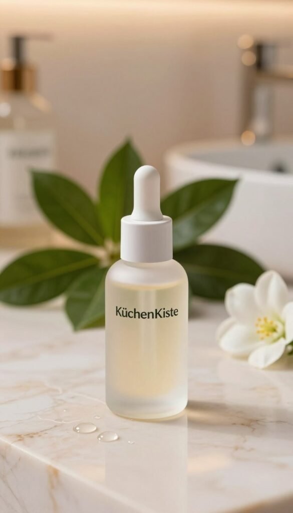 A visually appealing close-up of an elegant, frosted glass bottle of "KüchenKiste" moisturizing serum, prominently placed in the foreground on a soft, pastel-hued marble surface. Surrounding the bottle, delicate drops of the serum glisten, adding a luxurious touch. In the middle ground, fresh green leaves and a few white flowers bring a natural element, enhancing the organic feel. The background features a softly blurred, warm-toned bathroom setting, evoking a serene atmosphere. The lighting is soft and warm, creating a gentle glow that highlights the serum’s texture. The overall mood is calming and inviting, perfect for illustrating skincare essentials.