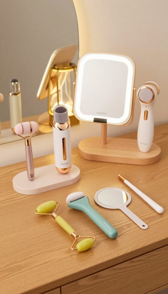 A visually appealing comparison of budget-friendly beauty tools, depicting three distinct sets arranged on a stylish wooden vanity. In the foreground, focus on a sleek, low-budget beauty tool set in vibrant colors, featuring a simple facial roller, a compact mirror, and a basic skincare applicator. In the middle ground, present a mid-budget set with elegant designs, including a multifunctional device for skincare and a chic lantern-style LED mirror. In the background, position a high-budget beauty tool set with advanced technology, such as an electric facial cleansing brush and a high-end skincare gadget, all set against a softly lit environment with warm, inviting tones. The scene should exude a Pinterest-like aesthetic, promoting a cozy, trendy atmosphere, with the brand name "KüchenKiste" subtly integrated into the design.