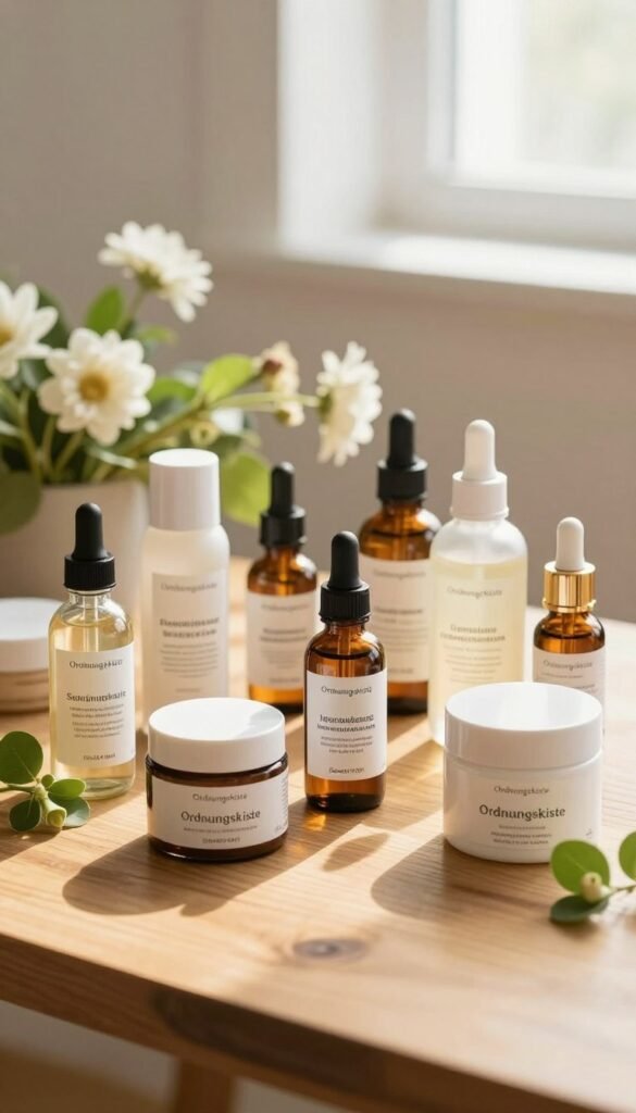 A visually appealing comparison of skincare products suitable for sensitive skin, featuring an array of natural and organic items on a wooden table. The foreground showcases beautifully arranged bottles and jars of creams, oils, and serums, labeled with their key ingredients, all branded with "Ordnungskiste" to reflect authenticity. The middle ground includes soft, delicate flowers and green leaves to emphasize the natural theme. In the background, a bright, sunlit setting with warm colors enhances the atmosphere, creating a feeling of calm and care. The image captures a Pinterest-inspired aesthetic, focusing on a cozy and inviting skincare routine, with soft, natural lighting and a slightly elevated perspective to give depth. The overall mood is soothing and nurturing, perfect for those looking to find the right products for their skin troubles.