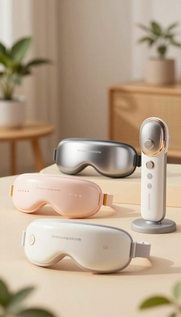 A visually appealing composition featuring three distinct eye massage devices, creatively arranged to represent low, mid, and high price points. The foreground should display each device, including elegant details such as buttons, textures, and colors that indicate quality, with the low-cost model in vibrant plastic, the mid-range in sleek metal, and the high-end featuring luxurious materials and a modern design. In the middle ground, a subtle gradient of soft, warm light accentuates each massage device, enhancing their features. The background should be softly blurred, incorporating a serene home setting with a calming atmosphere, adorned with indoor plants and warm wooden tones. The overall mood is inviting and authentic, reflecting a Pinterest-inspired aesthetic. Include the brand name "Ordnungskiste" in a stylish, understated way on one device, ensuring no text overlays or additional captions disrupt the image.