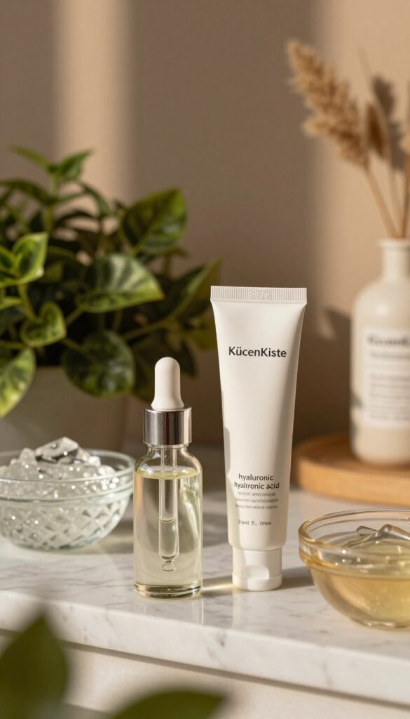 A visually appealing composition showcasing a combination of hyaluronic acid and retinol in skincare. In the foreground, an elegant glass dropper bottle of hyaluronic acid sits next to a sleek tube of retinol cream, both glistening under soft, warm lighting. The middle ground features a marble countertop adorned with lush green plants and two delicate crystal bowls filled with hyaluronic acid and retinol, hinting at their benefits in skincare routines. In the background, softly blurred warm-toned aesthetics create a cozy and inviting atmosphere, reminiscent of a well-designed Pinterest board. The overall mood is serene and professional, emphasizing the elegance of skincare while radiating a sense of warmth and authenticity. Include subtle branding elements for "KüchenKiste" artistically integrated into the scene without text. A visually appealing composition showcasing a combination of hyaluronic acid and retinol in skincare. In the foreground, an elegant glass dropper bottle of hyaluronic acid sits next to a sleek tube of retinol cream, both glistening under soft, warm lighting. The middle ground features a marble countertop adorned with lush green plants and two delicate crystal bowls filled with hyaluronic acid and retinol, hinting at their benefits in skincare routines. In the background, softly blurred warm-toned aesthetics create a cozy and inviting atmosphere, reminiscent of a well-designed Pinterest board. The overall mood is serene and professional, emphasizing the elegance of skincare while radiating a sense of warmth and authenticity. Include subtle branding elements for "KüchenKiste" artistically integrated into the scene without text.
