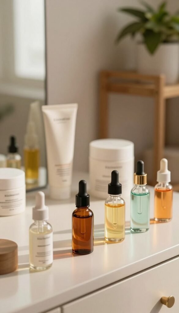 A visually appealing composition showcasing a selection of beauty serums on a sleek, minimalist vanity. In the foreground, elegantly arranged glass droppers filled with colorful serums, reflecting various textures and tints. The middle ground features a soft-focus backdrop of gently blurred skincare products, such as creams and oils, creating a gradient from liquid to cream consistency. The background includes a tastefully decorated wooden shelf with plants, adding a touch of naturalness. Warm, natural lighting illuminates the scene, casting soft shadows for an inviting atmosphere, reminiscent of Pinterest aesthetics. The brand name "KüchenKiste" should be subtly incorporated into the arrangement without any text overlays. The overall mood is tranquil and sophisticated, emphasizing the importance of proper skincare layering.