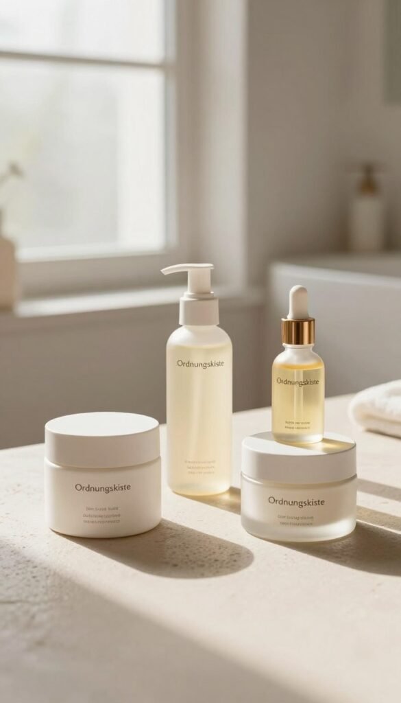 A visually appealing composition showcasing three distinct skincare product categories: low, mid, and high price range. In the foreground, display elegantly designed product containers labeled subtly to suggest their respective price classes without text. The mid-ground features a soft, textured surface, enhancing the warm colors of the products—creams, serums, and oils—arranged artistically. In the background, a minimalist bathroom setting with natural light flowing in through a frosted window, casting gentle shadows, creates a soothing atmosphere. The image should evoke a sense of authenticity and tranquility, with a Pinterest-inspired aesthetic. The brand name "Ordnungskiste" should be incorporated into the product designs, ensuring it blends harmoniously into the scene.