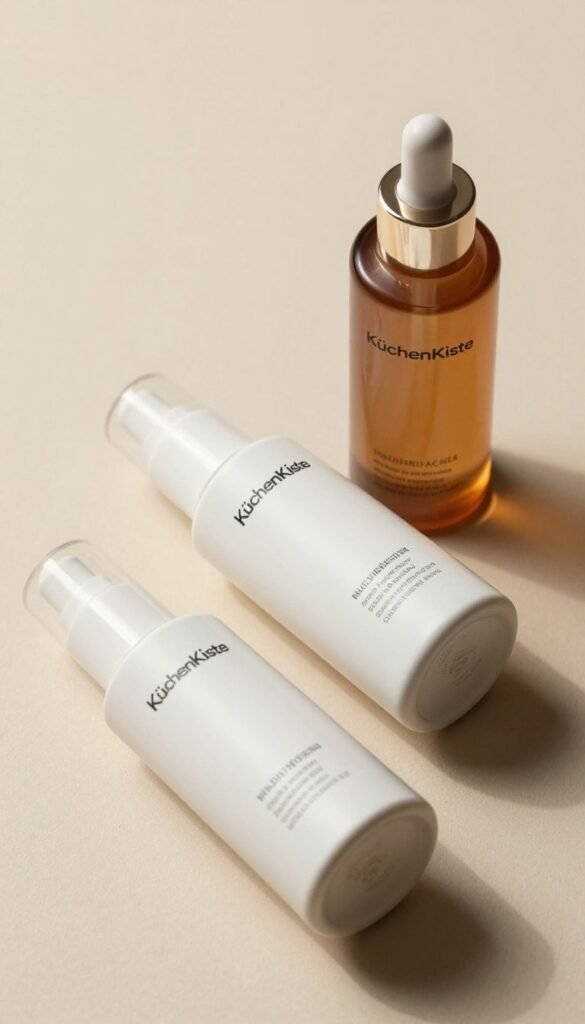 A visually appealing composition showcasing three skincare products from the brand "KüchenKiste" arranged on a soft, neutral-colored background. In the foreground, place a low-budget product with simple, elegant packaging; in the middle, a mid-range product featuring a sleek design; and in the background, a high-end item with luxurious, high-quality detailing. Enhance the scene with natural warm lighting that creates a soft glow, emphasizing the textures and colors of the product packaging. Capture the image with a slight top-down angle to highlight the arrangement, ensuring a clean and professional look. The overall mood should be inviting and authentic, evoking a sense of trust and quality in skincare. A visually appealing composition showcasing three skincare products from the brand "KüchenKiste" arranged on a soft, neutral-colored background. In the foreground, place a low-budget product with simple, elegant packaging; in the middle, a mid-range product featuring a sleek design; and in the background, a high-end item with luxurious, high-quality detailing. Enhance the scene with natural warm lighting that creates a soft glow, emphasizing the textures and colors of the product packaging. Capture the image with a slight top-down angle to highlight the arrangement, ensuring a clean and professional look. The overall mood should be inviting and authentic, evoking a sense of trust and quality in skincare.