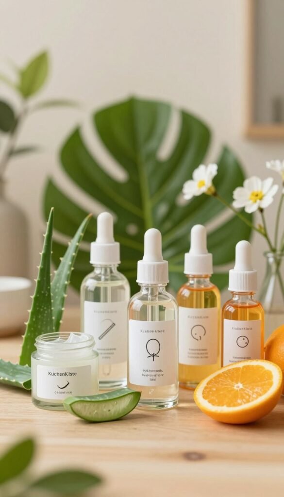 A visually appealing depiction of various skincare active ingredients, arranged artistically. In the foreground, display elegant glass jars and dropper bottles filled with vibrant, natural substances such as aloe vera, hyaluronic acid, and vitamin C, all labeled with simple icons. The middle ground features lush green leaves and delicate flowers, adding a fresh, organic touch to the composition. The background should be softly blurred, showcasing a warm, inviting space with natural wood textures and soft natural lighting that evokes a sense of relaxation and health. The overall mood is serene and educational, reflecting the essence of effective skincare products. Include subtle branding elements that suggest the name "KüchenKiste" in a gentle, artistic manner.