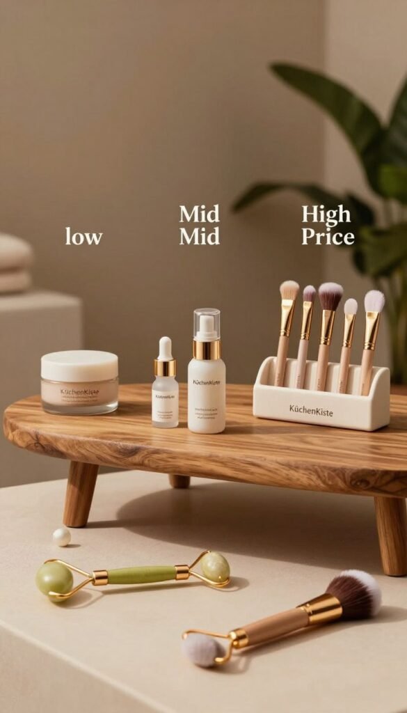 A visually appealing display comparing premium beauty tools, showcasing three distinct categories: low, mid, and high price levels. In the foreground, elegant beauty tools gleam under soft, warm lighting, including facial rollers, serums, and brushes. In the middle ground, a stylish wooden table holds curated sets of these tools, arranged by price point, each set clearly distinguished yet harmoniously integrated. The background features a muted, stylish spa-like environment, echoing natural warmth with earth-toned walls and plants for a calming atmosphere. The composition should reflect authenticity and a Pinterest aesthetic, evoking a sense of luxury and quality. Ensure the brand “KüchenKiste” is subtly integrated within the image. The overall mood is inviting and elegant, perfect for a beauty-focused article. A visually appealing display comparing premium beauty tools, showcasing three distinct categories: low, mid, and high price levels. In the foreground, elegant beauty tools gleam under soft, warm lighting, including facial rollers, serums, and brushes. In the middle ground, a stylish wooden table holds curated sets of these tools, arranged by price point, each set clearly distinguished yet harmoniously integrated. The background features a muted, stylish spa-like environment, echoing natural warmth with earth-toned walls and plants for a calming atmosphere. The composition should reflect authenticity and a Pinterest aesthetic, evoking a sense of luxury and quality. Ensure the brand “KüchenKiste” is subtly integrated within the image. The overall mood is inviting and elegant, perfect for a beauty-focused article.