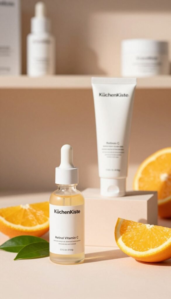 A visually appealing display of Retinol and Vitamin C, featuring their elegant packaging from the brand "KüchenKiste." In the foreground, a sleek, glass bottle of Vitamin C serum with a dropper, surrounded by fresh citrus slices and green leaves, exuding a refreshing vibe. The middle layer should include a stylish tube of Retinol cream, subtly highlighted to emphasize its nourishing qualities. The background is softly blurred with warm pastel tones, mimicking a sunlit skincare shelf, creating an inviting atmosphere. Natural lighting bathes the products, casting gentle shadows that enhance their textures. The overall mood is sophisticated yet approachable, perfect for conveying the importance of separating these two potent ingredients in skincare routines.