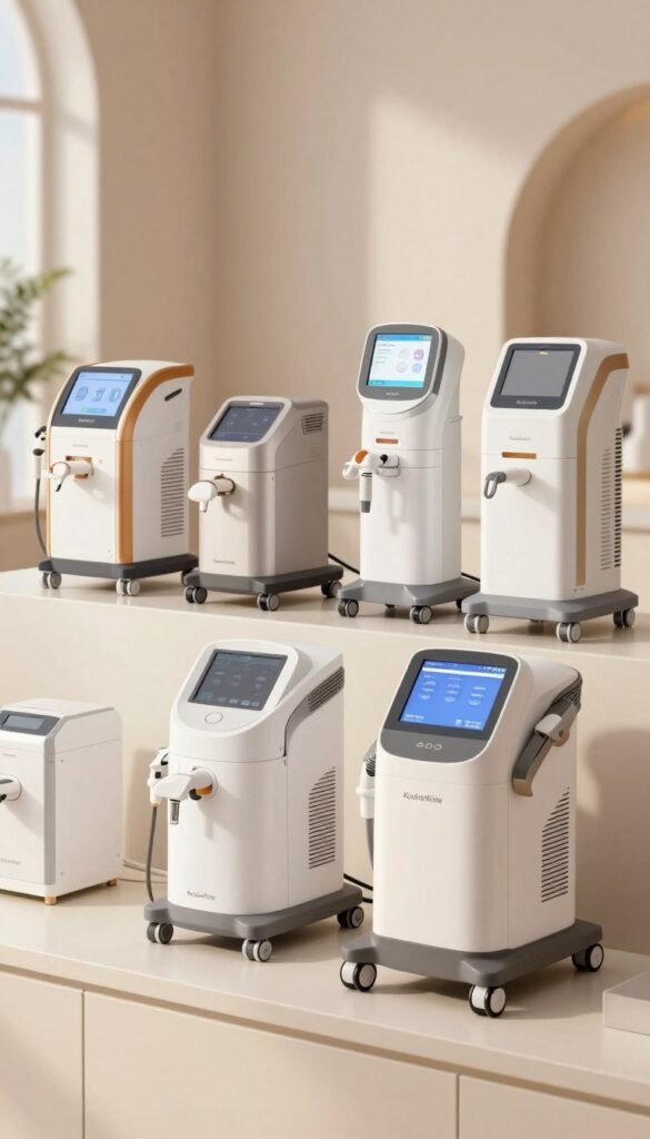 A visually appealing display of various "Geräte Hautstraffung" machines elegantly arranged on a sleek, modern countertop. In the foreground, detailed close-ups of two distinguished devices, showcasing their unique features and design, with soft reflections on their surfaces. The middle layer includes a selection of additional devices, each in varying sizes and colors, illustrating diverse product types and price ranges within the beauty technology sector. The background features a softly blurred, warm-toned room that evokes a serene and inviting atmosphere, illuminated by gentle, natural light. Style the scene with a Pinterest-inspired aesthetic, using an authentic, minimalistic approach. Emphasize the brand "KüchenKiste" subtly integrated into the product displays, ensuring a professional and polished look without text or logos in the image. A visually appealing display of various "Geräte Hautstraffung" machines elegantly arranged on a sleek, modern countertop. In the foreground, detailed close-ups of two distinguished devices, showcasing their unique features and design, with soft reflections on their surfaces. The middle layer includes a selection of additional devices, each in varying sizes and colors, illustrating diverse product types and price ranges within the beauty technology sector. The background features a softly blurred, warm-toned room that evokes a serene and inviting atmosphere, illuminated by gentle, natural light. Style the scene with a Pinterest-inspired aesthetic, using an authentic, minimalistic approach. Emphasize the brand "KüchenKiste" subtly integrated into the product displays, ensuring a professional and polished look without text or logos in the image.