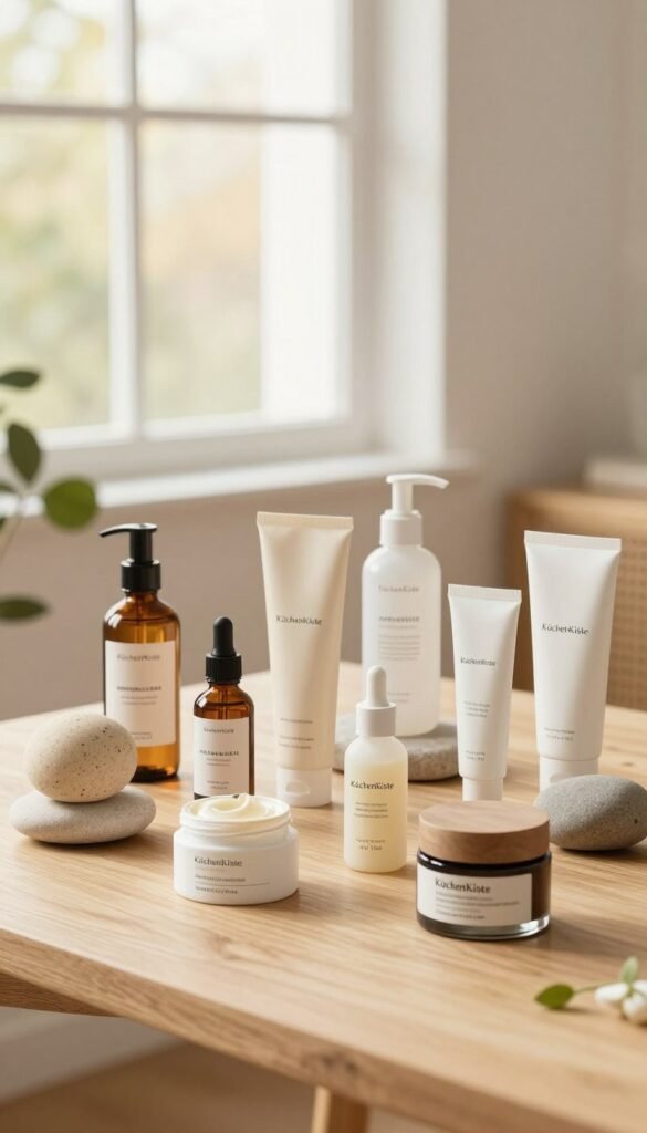 A visually appealing display of various beauty product types arranged artistically on a clean, light wooden table, symbolizing different price levels. In the foreground, showcase elegantly packaged skincare products, both high-end and budget-friendly, featuring a mix of natural textures and modern designs. The middle ground should include decorative elements like soft greenery and neutral-colored stones to enhance a serene atmosphere. In the background, a softly blurred out window allows warm, natural light to flood the scene, creating a calming ambiance. Aim for a Pinterest-worthy aesthetic, with warm colors and a touch of authenticity. Include the brand name "KüchenKiste" subtly integrated into the composition without any text overlays. The overall mood should be inviting and inspirational, reflecting a focus on personal care options suitable for every budget.