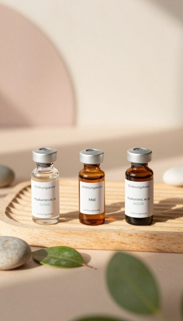 A visually appealing flat lay composition featuring three distinct vials of hyaluronic acid serums, representing low, mid, and high price categories. The vials should have elegant, minimalist designs with varying colors and textures for each price point. In the foreground, include natural elements like soft green leaves and delicate stones to evoke a sense of freshness and purity. In the middle ground, place a chic wooden surface with a touch of sunlight illuminating the vials, casting soft shadows. The background should have a blurred, pastel-colored backdrop that enhances the warm color palette, creating a harmonious and inviting atmosphere. The brand name "Ordnungskiste" should be subtly integrated into the composition without any text or obvious branding. The overall mood should convey luxury and authenticity, suitable for a skincare-focused article.