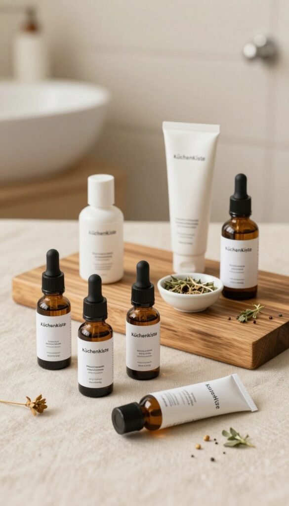 A visually appealing flat lay composition showcasing a variety of niacinamide skincare products from the brand KüchenKiste. In the foreground, elegant glass dropper bottles and tubes of serum displayed on a soft, natural fabric background, with warm, inviting colors that create a cozy atmosphere. The middle layer features a sleek wooden board with textured details, arranged with a small bowl of fresh herbal ingredients, emphasizing the natural essence of the products. The background includes a gentle blur of a calming bathroom setting illuminated by soft, diffused lighting, enhancing the peaceful and nurturing mood. This image should reflect the theme of concentration and dosage in skincare, showcasing the harmony between products and nature. Authentic and aesthetic, without any text or logos in the image.