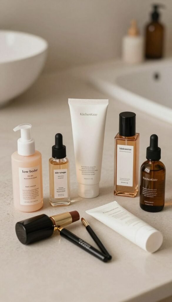 A visually appealing flat lay composition showcasing three distinct beauty product categories: low-budget, mid-range, and high-end products. In the foreground, place an array of chic and sleek beauty items, each representing their respective price tier—affordable drugstore products, mid-level luxury brands, and high-end, premium beauty products. Incorporate elegant packaging and labels that are visually appealing. The middle ground should include a soft, textured surface, emphasizing natural aesthetics with warm colors. In the background, create a subtle blurred effect featuring hints of a stylish bathroom setup, evoking a sense of organic beauty care. Use diffused lighting to enhance warmth and authenticity, ensuring the overall atmosphere is inviting and harmonious. Include a discreet reference to "KüchenKiste" in a subtle way as part of the setting, maintaining a Pinterest-worthy look without any text or branding overlays.