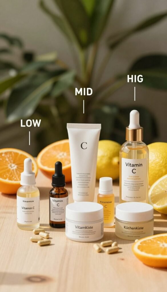 A visually appealing flat lay of Vitamin C products categorized into three distinct price levels: low, mid, and high. In the foreground, showcase an assortment of Vitamin C serums, creams, and capsules, beautifully arranged on a light wooden surface. Include a low-cost product in simple packaging, a mid-range option with sleek branding, and a luxurious high-end item with an elegant design. In the middle, enhance the scene with scattered citrus fruits like oranges and lemons, symbolizing freshness. The background features soft, blurred greenery to create a natural atmosphere, bathed in warm, inviting sunlight. The mood is authentic and calming, echoing a Pinterest aesthetic. The brand name "KüchenKiste" is subtly integrated into the scene without any text or overlays.