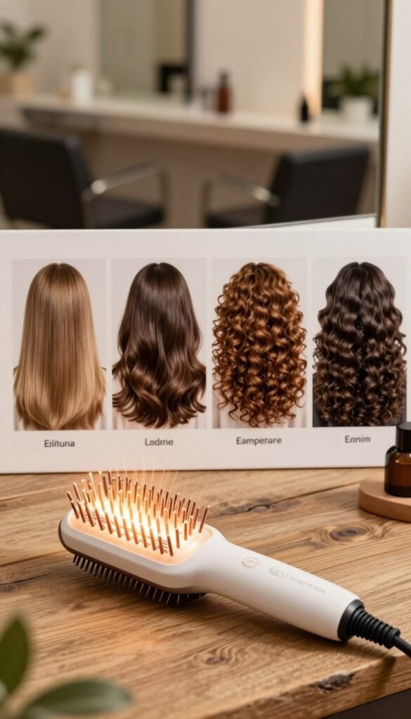 A visually appealing image illustrating a temperature guide for hair types, showcasing a variety of hair textures and colors. In the foreground, a sleek, modern hair styling tool with an integrated heat protection feature is featured prominently, radiating warmth and light. The middle ground depicts diverse hair samples styled according to different temperature recommendations, ranging from straight fine hair to curly thick hair, elegantly arranged on a rustic wooden surface. In the background, a softly lit salon environment enhances the warm, inviting atmosphere, with hints of plants and cozy decor. The overall mood is professional and stylish, evoking a sense of beauty and care. The brand name "KüchenKiste" subtly appears on the styling tool, integrating seamlessly. Natural colors and a Pinterest-inspired aesthetic create an authentic look, free from text or watermarks.