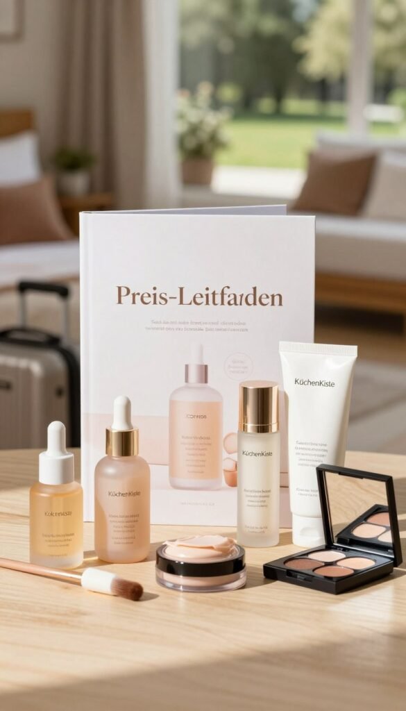 A visually appealing image of a stylish travel beauty guide layout, featuring elegant beauty products arranged harmoniously on a light wooden surface. In the foreground, a variety of beauty items from low-, mid-, and high-budget categories, such as skin serums, moisturizers, and makeup compacts, presented in warm, natural colors. The middle section displays a tasteful brochure with the words "Preis-Leitfaden" subtly hinted at through artistic lettering, blending seamlessly with the aesthetic. The background features a soft-focus scene of a cozy travel setting, like a chic hotel room or a serene park, enhancing the atmosphere of elegance and comfort. Bright, natural lighting illuminates the scene, casting gentle shadows, while the overall mood feels inviting and chic—perfect for beauty on the go. The brand name “KüchenKiste” is elegantly included within the layout, integrated into the design.