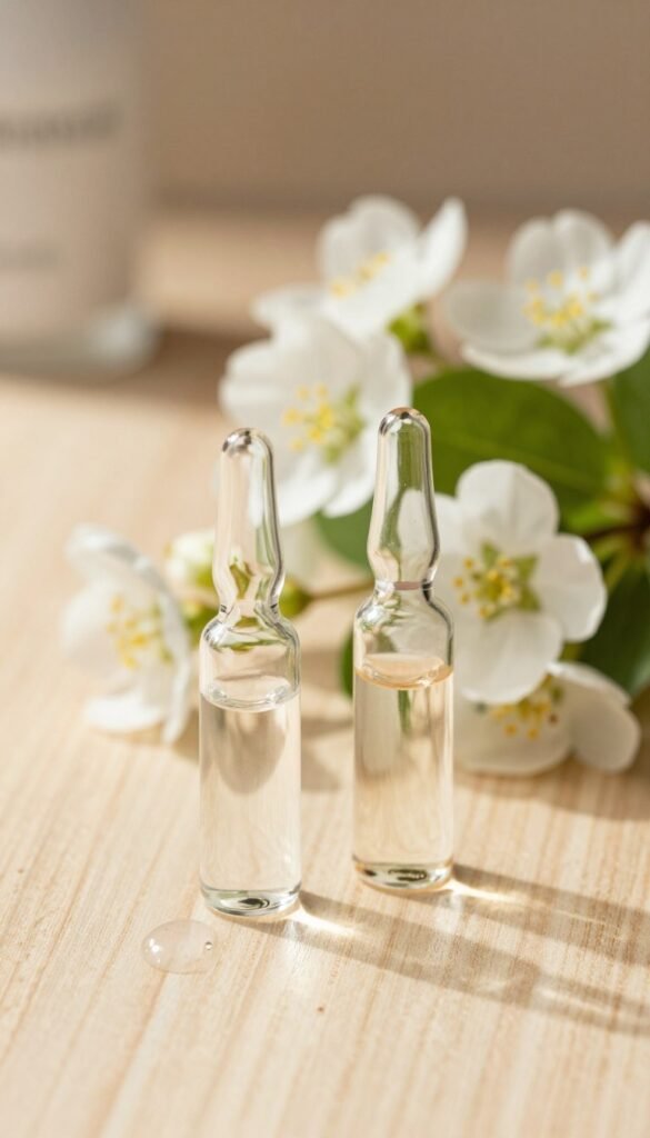 A visually appealing image showcasing a blend of niacinamide and hyaluronic acid in an elegant and warm setting. In the foreground, feature two small glass ampoules, one containing a clear gel and the other a slightly cloudy liquid, reflecting soft light. The middle ground should display delicate white flowers and green leaves, symbolizing natural beauty, arranged artfully around the ampoules. The background should be softly blurred, featuring a light wooden surface with natural textures for a cozy ambiance. The lighting is warm and inviting, reminiscent of a Pinterest aesthetic, highlighting the smooth textures of the products. The composition embodies a sense of calm and wellness, ideal for promoting an effective skincare routine. Include the brand name "KüchenKiste" subtly integrated into the scene while maintaining an authentic feel without any text or captions.