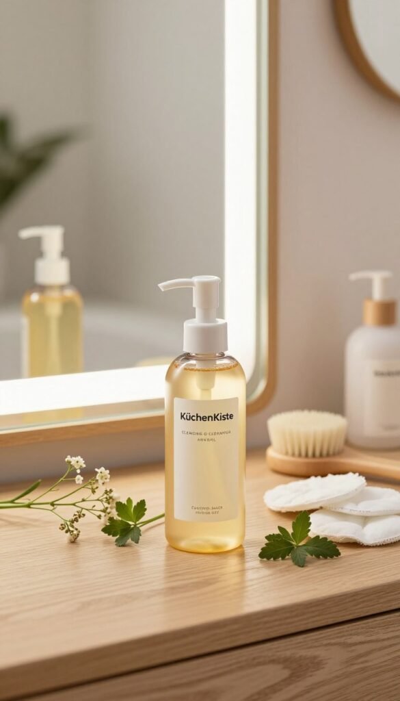 A visually appealing image showcasing a bottle of "KüchenKiste" cleansing oil, placed elegantly on a wooden vanity. In the foreground, the bottle is surrounded by natural elements such as fresh herbs and small, delicate flowers, creating a refreshing atmosphere. The middle ground features a softly lit mirror reflecting the cleansing oil and scattered beauty tools such as a gentle facial brush and soft cotton pads. In the background, a serene bathroom with warm, natural lighting enhances the cozy mood, complemented by light wooden textures and soothing pastel tones. The overall ambiance conveys a sense of purity and relaxation, perfect for skincare selection. The composition focuses on warmth and authenticity, embodying a Pinterest-worthy aesthetic.