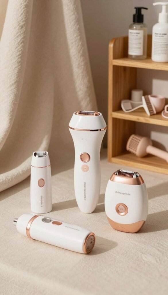 A visually appealing image showcasing three distinct hair removal devices categorized by budget – low, mid, and high – laid out neatly on a soft, textured fabric background. In the foreground, the low-budget device is simple and compact, while the mid-range device features a sleek design with subtle modern touches. The high-end device, prominently displayed in the middle, boasts a luxurious aesthetic with elegant curves and high-tech features. The warm lighting creates an inviting atmosphere, enhancing the natural colors and textures of the products. To the right, an attractive wooden shelf holds neatly organized accessories related to hair removal. The scene evokes authenticity and professionalism, capturing a Pinterest-worthy aesthetic. The brand name "Ordnungskiste" is subtly integrated into the arrangement, ensuring a cohesive and harmonious look without any text overlays.