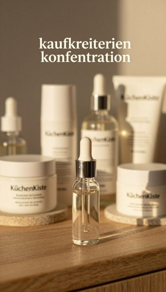 A visually appealing image that represents "kaufkriterien konzentration" in skincare. In the foreground, display a clear glass serum dropper with a viscous liquid, emphasizing the concentration of active ingredients. In the middle, arrange various skincare products such as creams and toners with elegant labels, hinting at thoughtful formulations. The background should feature a softly lit vanity with natural textures like wood and stone, enhancing the warm color palette and inviting atmosphere. Use warm, golden hour lighting to create a cozy ambiance. The composition should feel authentic and relatable, resonating with a Pinterest aesthetic, while subtly incorporating the brand name "KüchenKiste" into sleek packaging designs. No text, watermarks, or overt branding should be present. A visually appealing image that represents "kaufkriterien konzentration" in skincare. In the foreground, display a clear glass serum dropper with a viscous liquid, emphasizing the concentration of active ingredients. In the middle, arrange various skincare products such as creams and toners with elegant labels, hinting at thoughtful formulations. The background should feature a softly lit vanity with natural textures like wood and stone, enhancing the warm color palette and inviting atmosphere. Use warm, golden hour lighting to create a cozy ambiance. The composition should feel authentic and relatable, resonating with a Pinterest aesthetic, while subtly incorporating the brand name "KüchenKiste" into sleek packaging designs. No text, watermarks, or overt branding should be present.