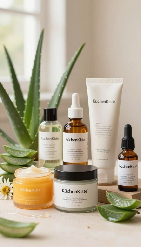 A visually appealing layout showcasing a selection of skincare ingredients, emphasizing key qualities such as naturalness and texture. In the foreground, vibrant jars and tubes labeled with the brand "KüchenKiste" are arranged artfully, highlighting various textures like creams, gels, and oils. The middle ground features botanical elements like aloe vera and flowers, symbolizing natural ingredients. In the background, soft, warm light filters through a window, creating a calm, inviting atmosphere. The overall mood should feel fresh and informative, capturing the essence of mindful skincare choices. Use a shallow depth of field to focus on the products while gently blurring the background, enhancing the organic feel of the composition.