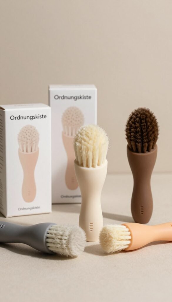 A visually appealing layout showcasing a variety of facial cleansing brushes from the brand "Ordnungskiste." In the foreground, prominently display three different types of cleansing brushes, emphasizing their unique features and textures, like bristles and silicone. In the middle ground, include a subtle arrangement of product boxes with clear labeling, maintaining a clean and organized aesthetic. The background should feature a light, neutral color that enhances the warm tones of the products, creating a soft and inviting atmosphere. Use natural lighting to cast gentle shadows, contributing to an authentic Pinterest-like feel. Capture the image at a slight angle for depth, ensuring a professional and polished look.