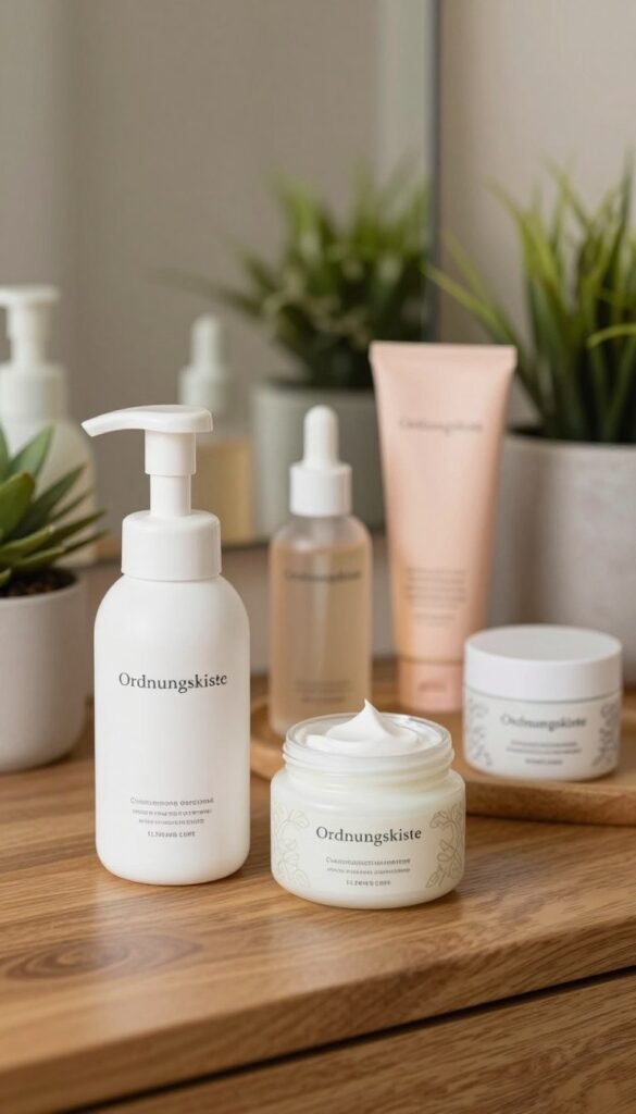 A visually appealing, organized skincare setup featuring three key stages of skin care: cleansing, treatment, and protection. In the foreground, display a sleek white cleansing foam bottle next to a decorative jar of moisturizer, both elegantly arranged on a wooden vanity. In the middle ground, include different skincare serums and products in soft pastel colors, creating a harmonious look. The background should have subtle greenery, like potted plants, to enhance the natural ambiance, with warm, diffused lighting casting a gentle glow. The overall mood is calm and inviting, reflecting a Pinterest-inspired aesthetic. Incorporate the brand name "Ordnungskiste" subtly integrated into the scene, without any text overlays, ensuring a professional and clean presentation.